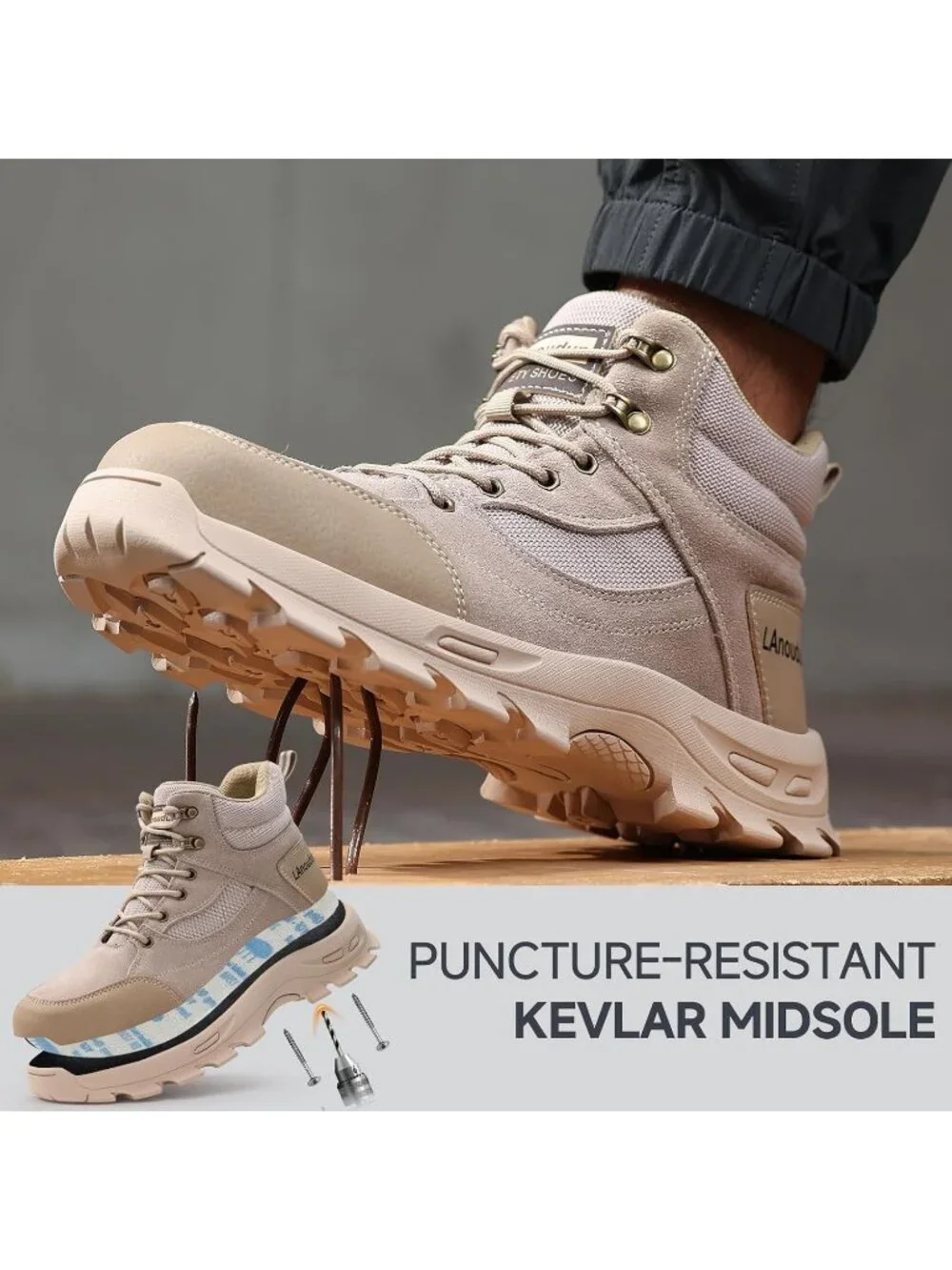 Men's Beige Splashproof Shoes Casual High Top Steel Toe Non Slip Hiking Boots
